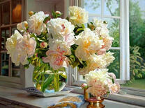 Без бренда «Ваза с букетом белых пионов у окна» в Брянске 