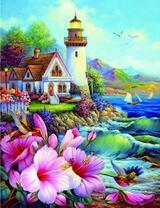 Маяк на красочном цветущем берегу моря