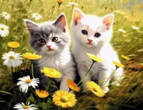 Два маленьких котенка и ромашки