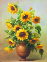 Букет желтых подсолнухов в керамической вазе