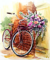 Велосипед с полной корзиной цветов
